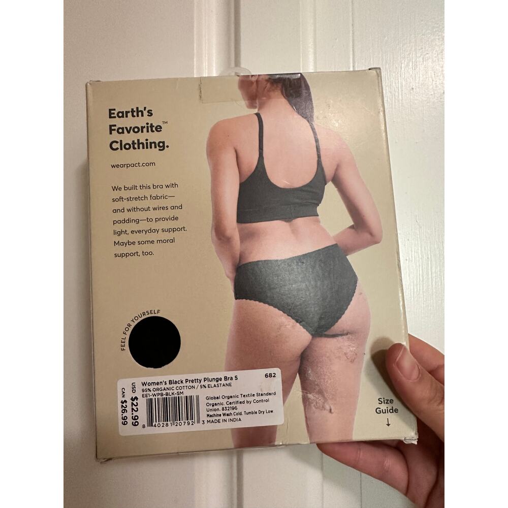 NWT Pact Sz S Black Organic Cotton Pretty Plunge Lace Trim Wireless Bralette - Picture 4 of 9